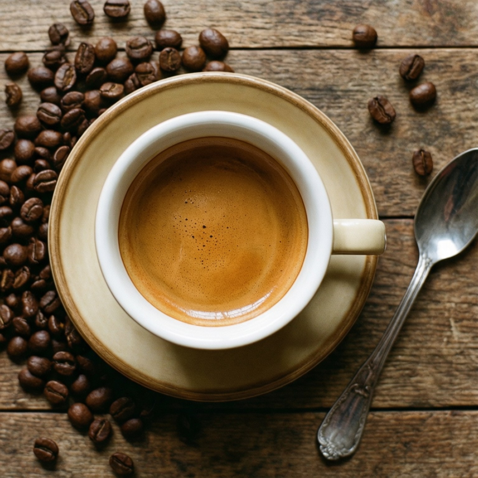 Top-down view of espresso cup with beans and spoon on wood.