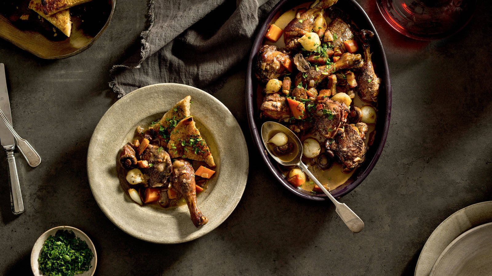 Top View Of A French Chicken Stew Coq Au Vin Wallpaper