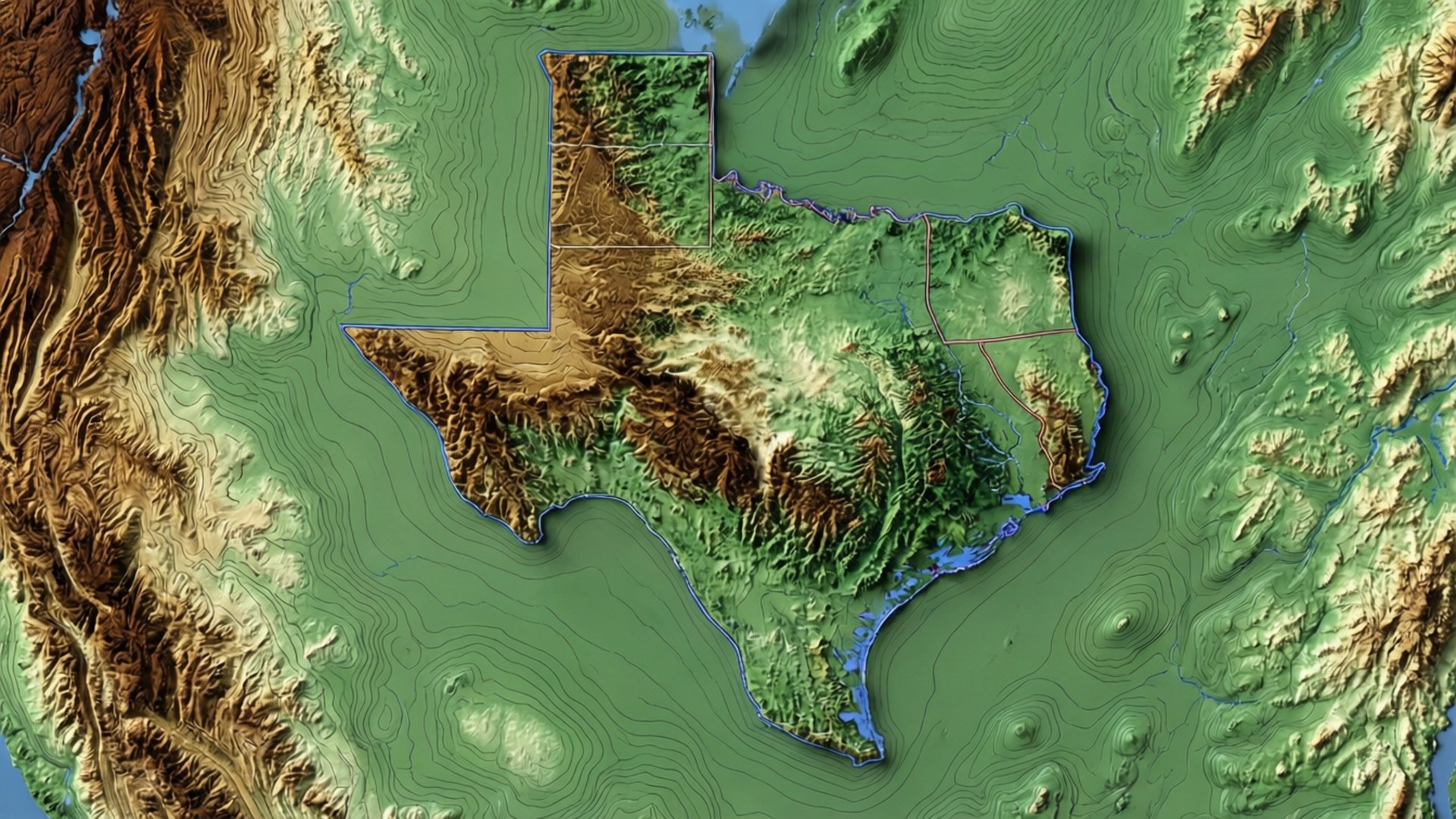 Detaljert topografisk kart over Texas med høydekonturer.