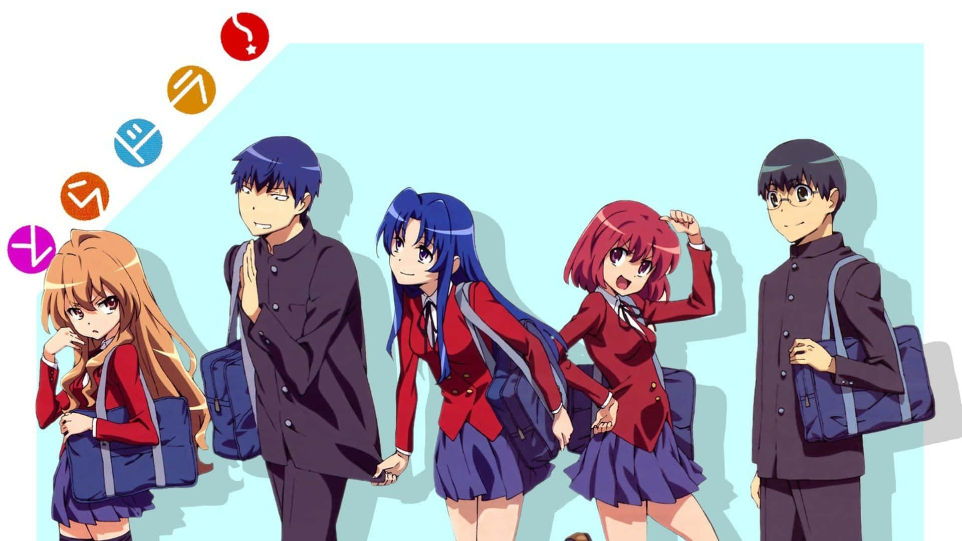 A Group Of Anime Characters With Backpacks And Bags