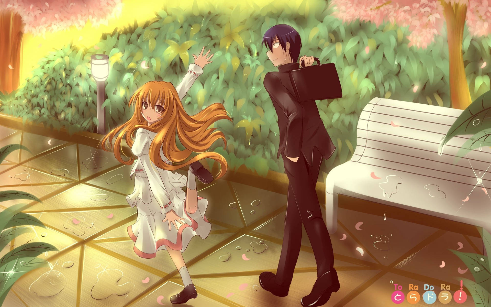 A romantic rainy evening in the city lights with Taiga from 'Toradora!' Wallpaper