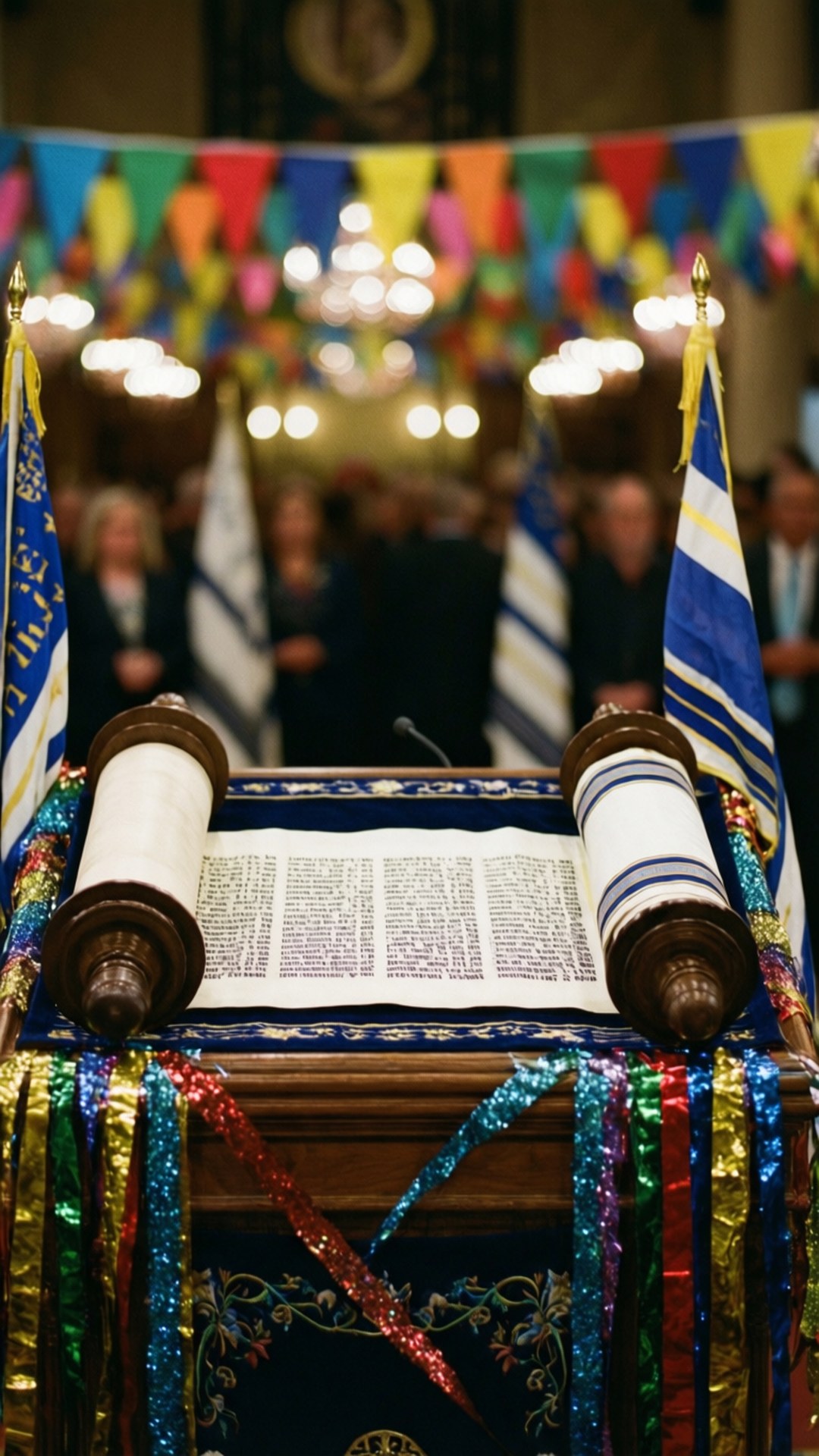 Vue détaillée d'un rouleau de la Torah avec des décorations festives de Sim'hat Torah.