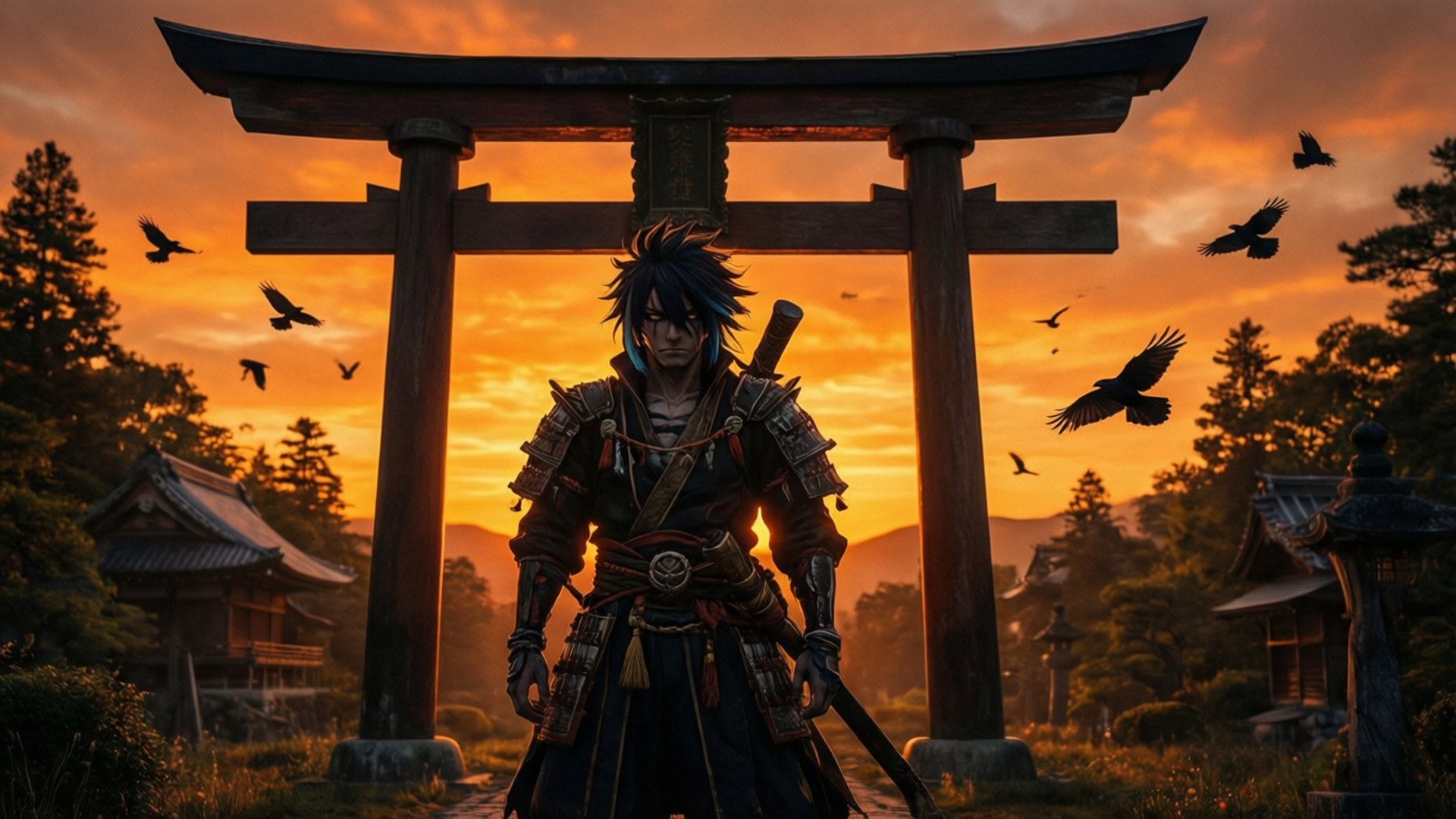 Silhuett av Sukuna på en Torii-grind vid solnedgång