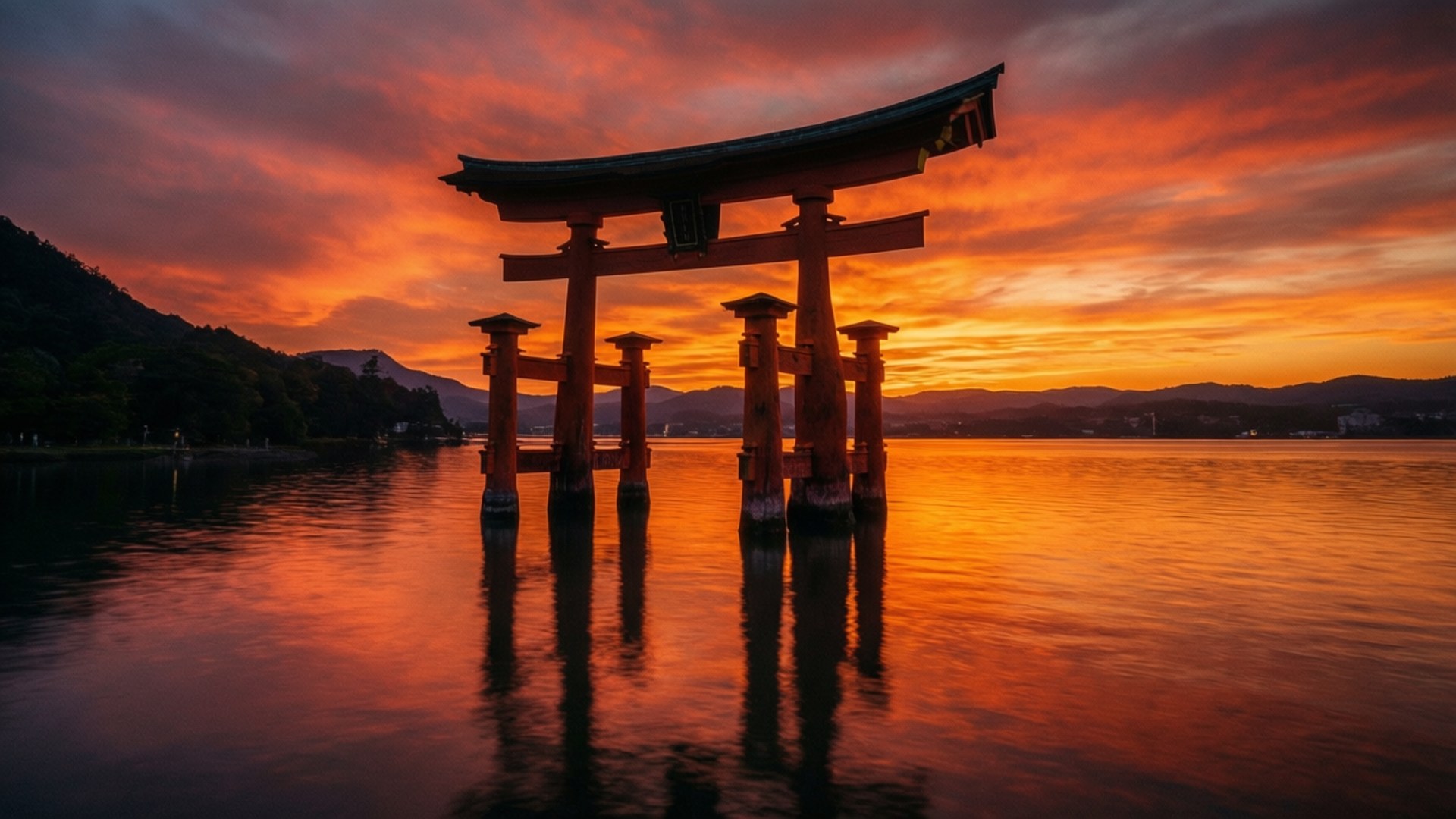 En mystisk torii-grind vid solnedgång med perfekt reflektion.