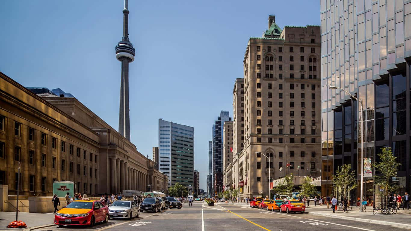 Toronto Downtown Street Viewwith C N Tower Wallpaper