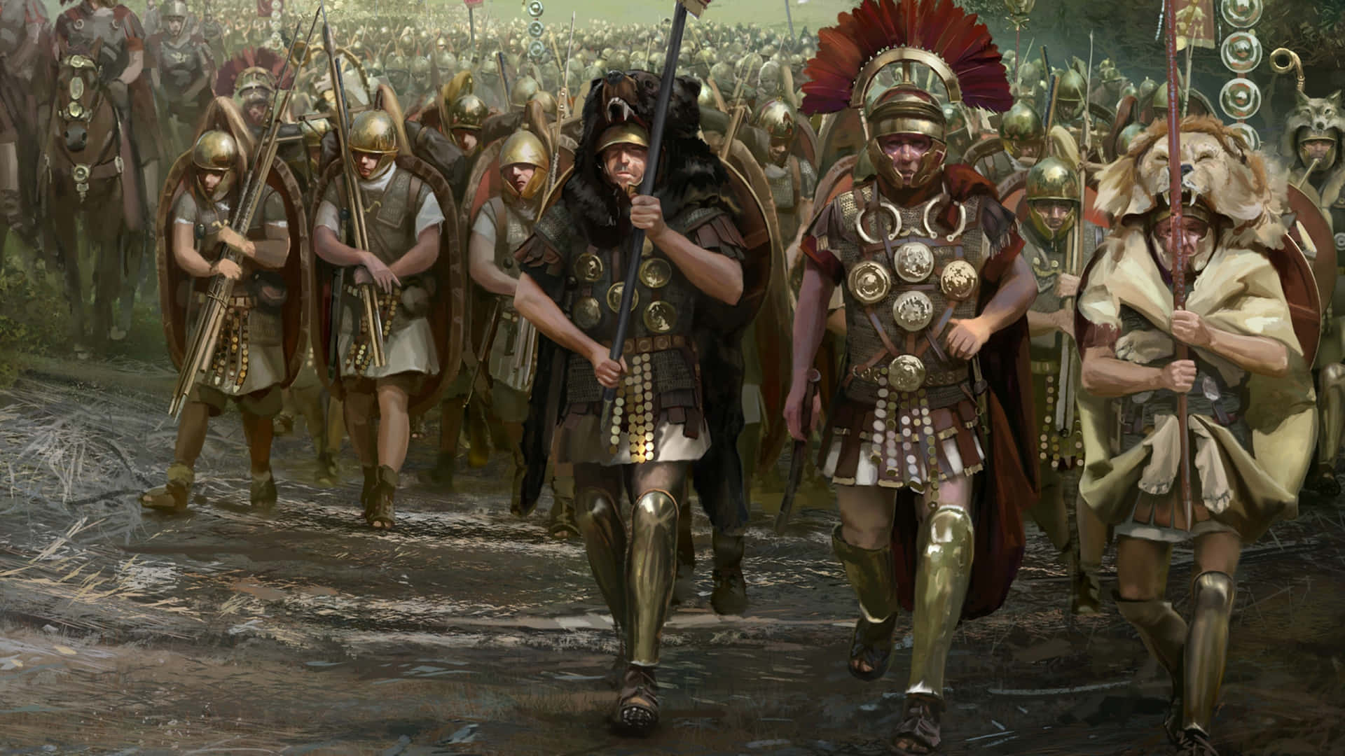 a painting of roman soldiers walking down a path
