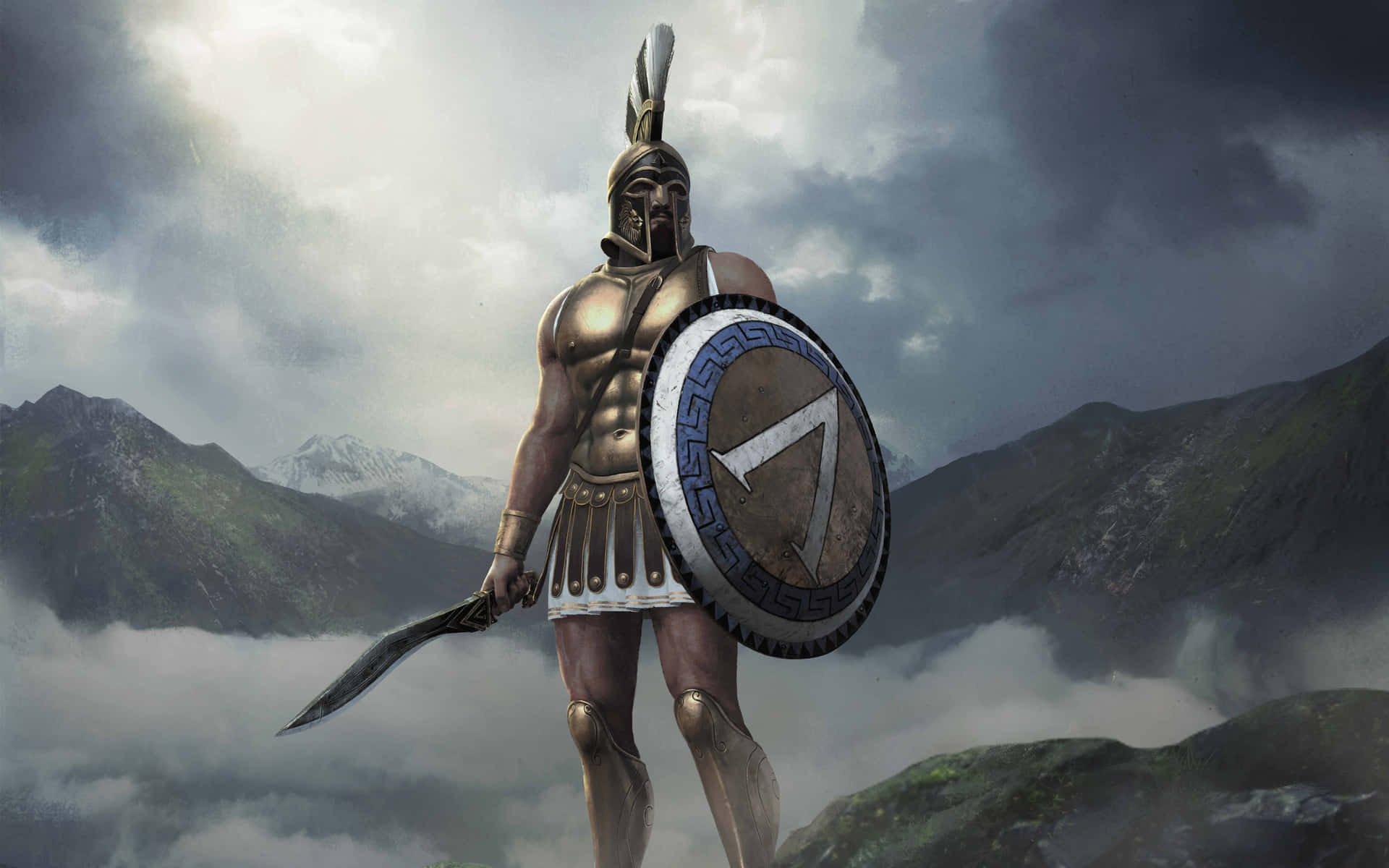 Enspartansk Krigare Stående På Ett Berg
