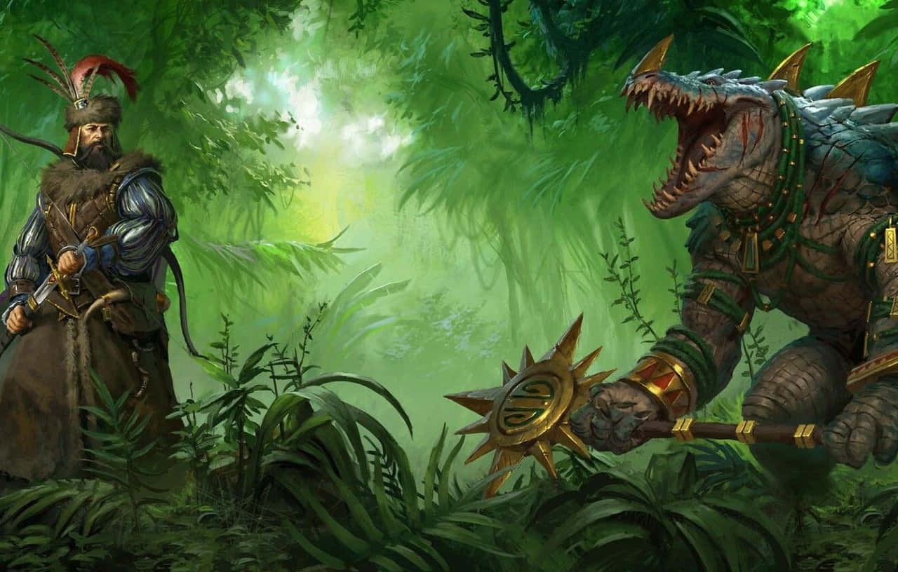 Two Men In A Jungle With A Dragon