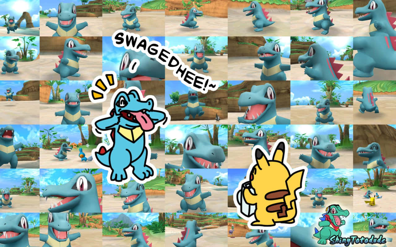 Totodile With Pikachu In Collage Background Wallpaper