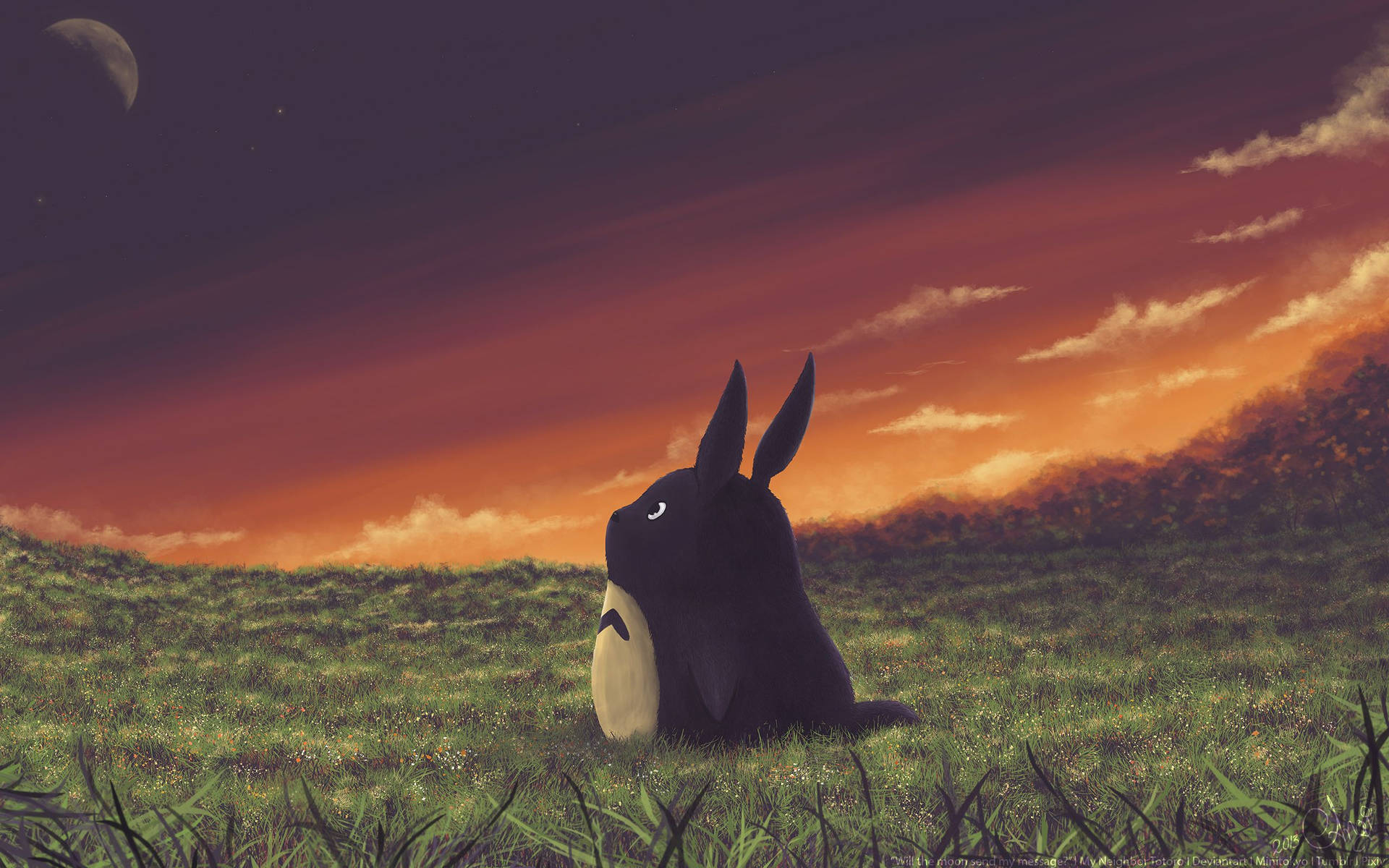 A Magical Sunset in the Field with Totoro Wallpaper
