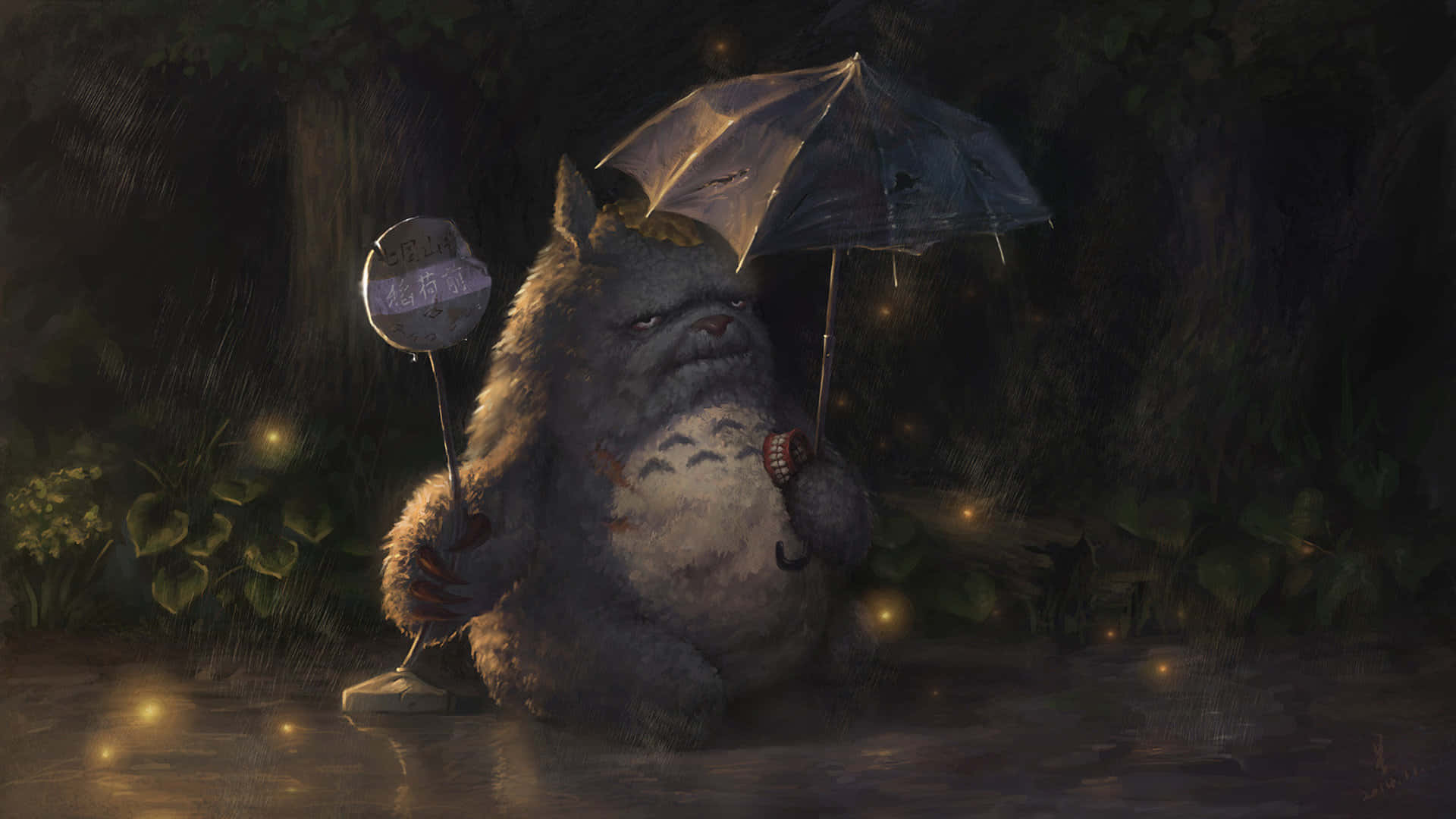 A Totoro Holding An Umbrella In The Rain