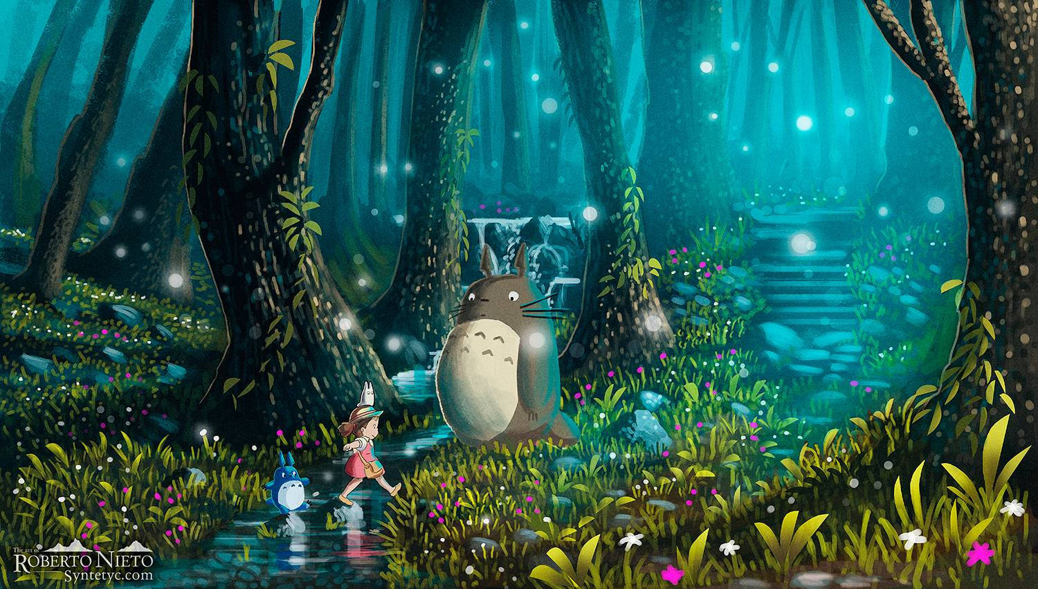 Totoro Playing In Forest Background