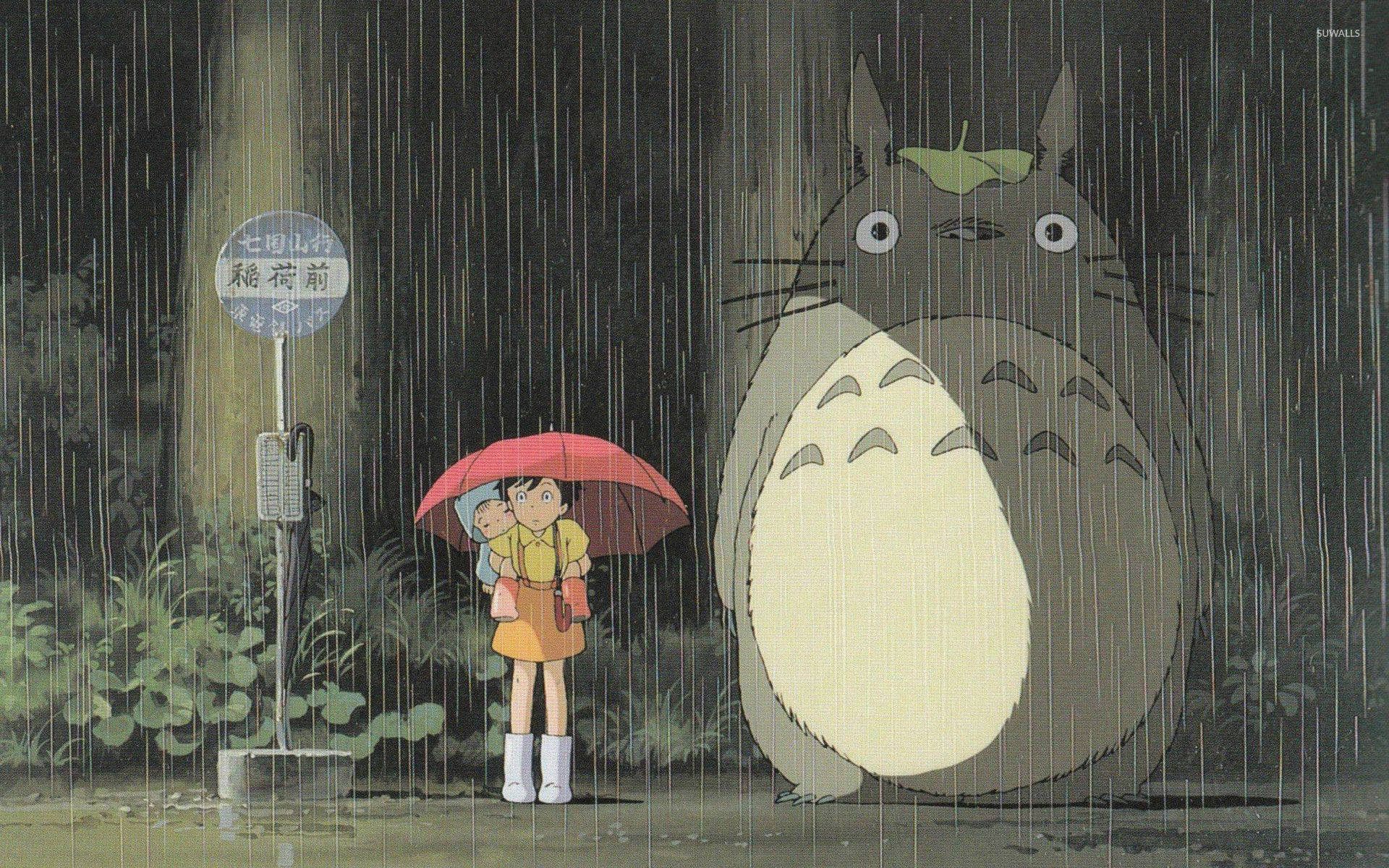 Totoro and Satsuki Walking in the Rain with an Umbrella Wallpaper