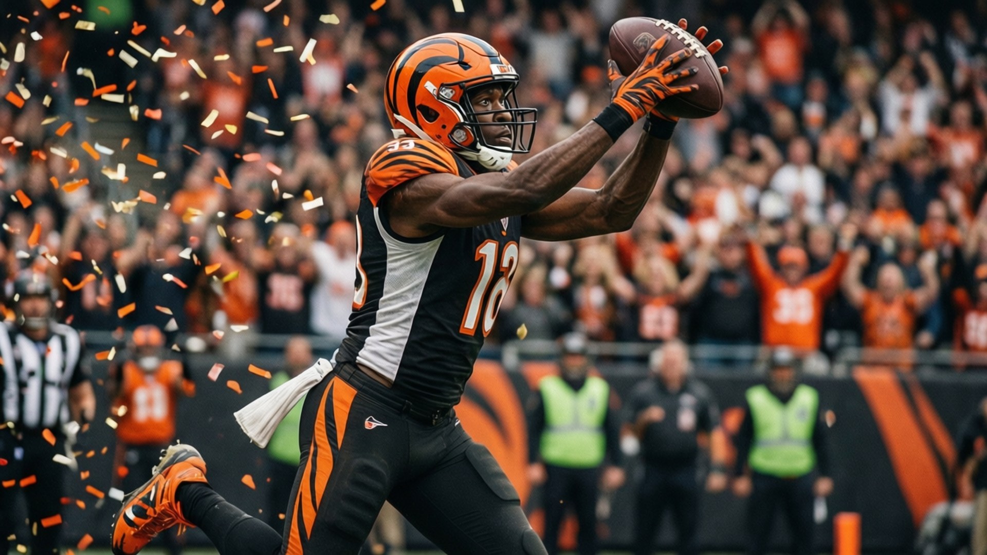 Bengals-syöttäjä hyppää touchdown-sieppaukseen konfettien keskellä
