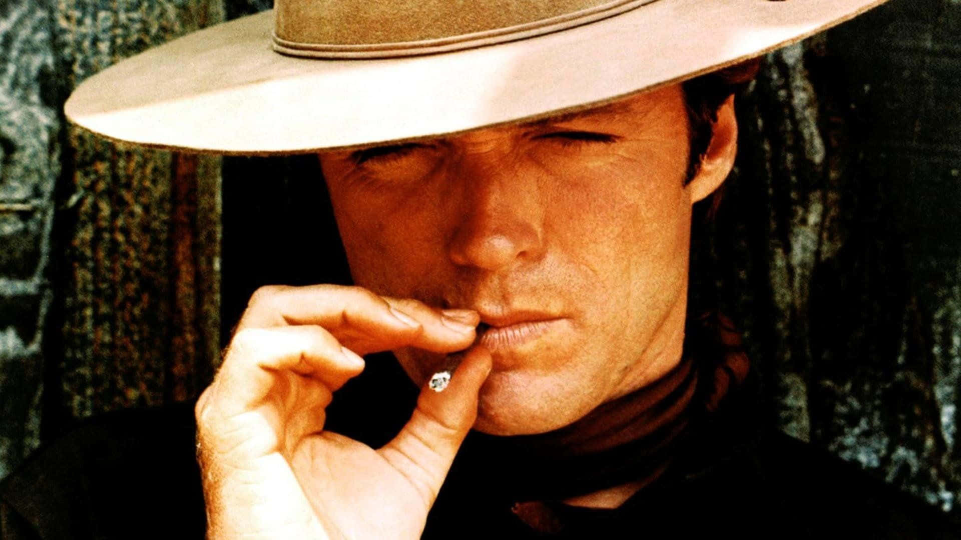 Enman I Cowboyhatt Som Röker En Cigarett Wallpaper