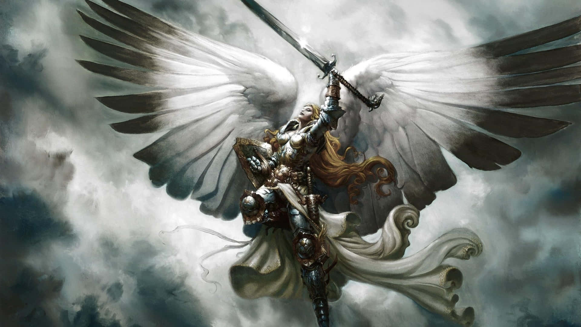 En engel med vinger, der flyver i himlen Wallpaper