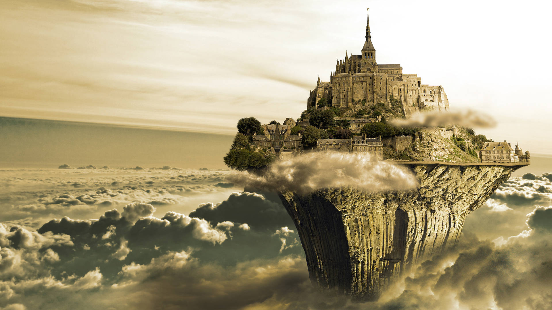 Tower castle with sea of clouds fantasy art wallpaper.