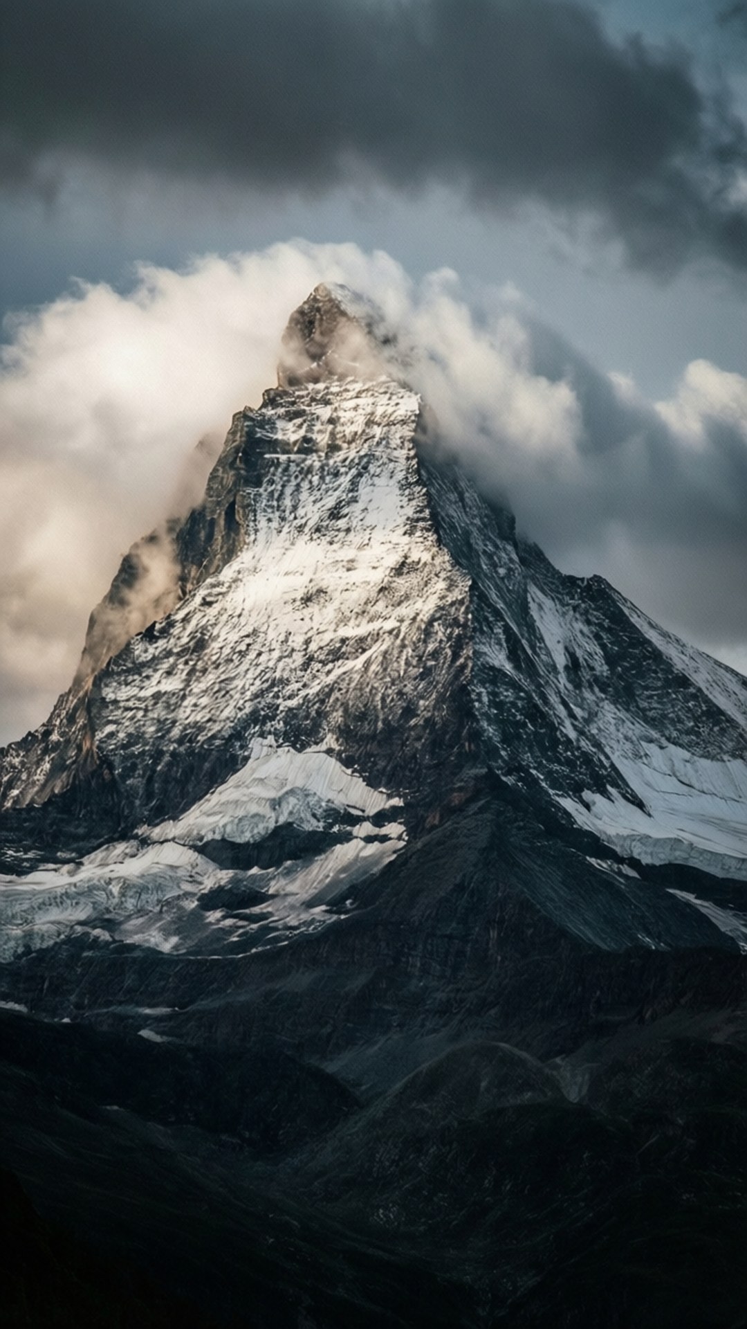 Pic de nuage imposant Fonds d'écran — Une composition verticale d'une immense montagne enneigée avec des nuages tourbillonnant autour de son sommet.