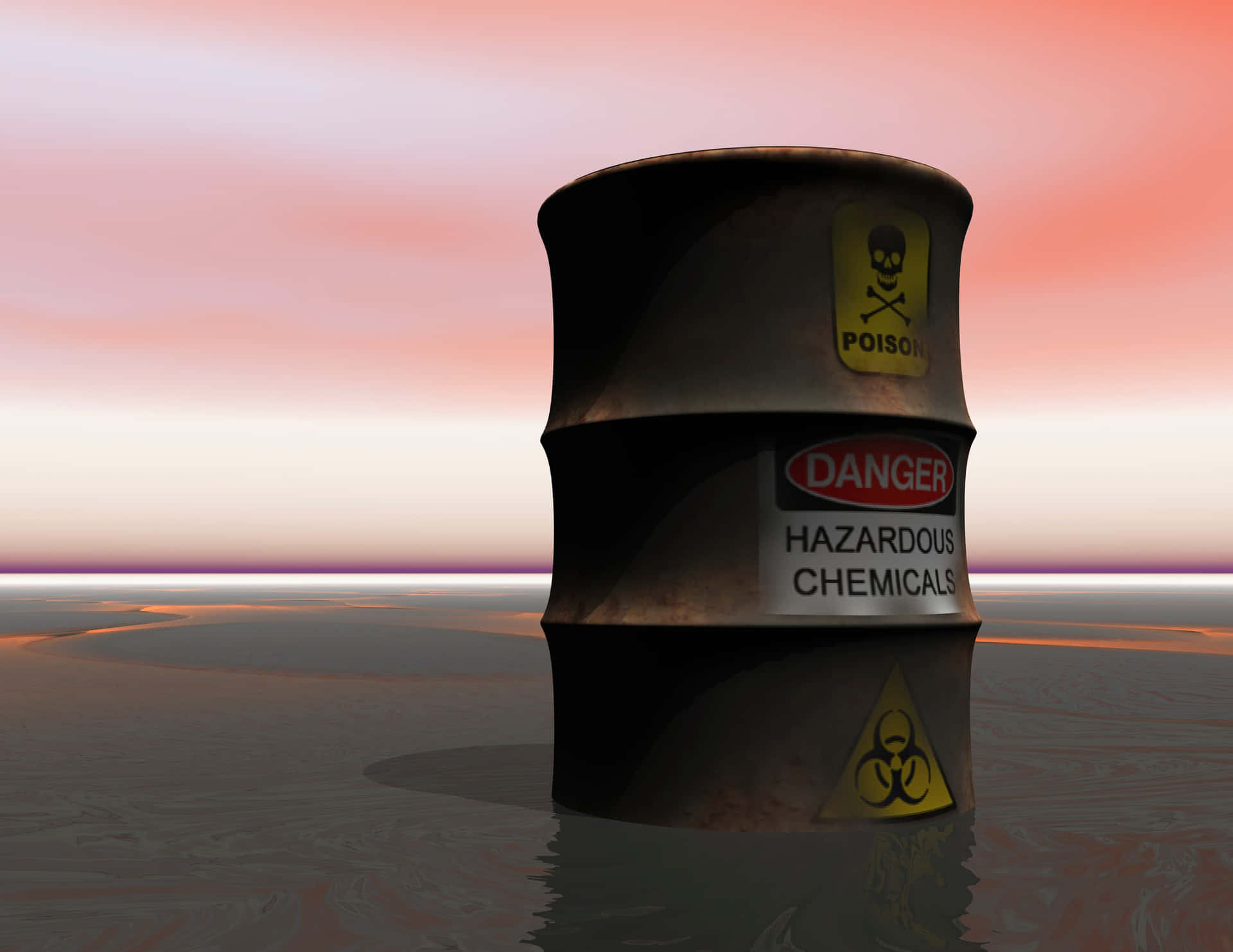 A Barrel With A Warning Sign In The Water Wallpaper