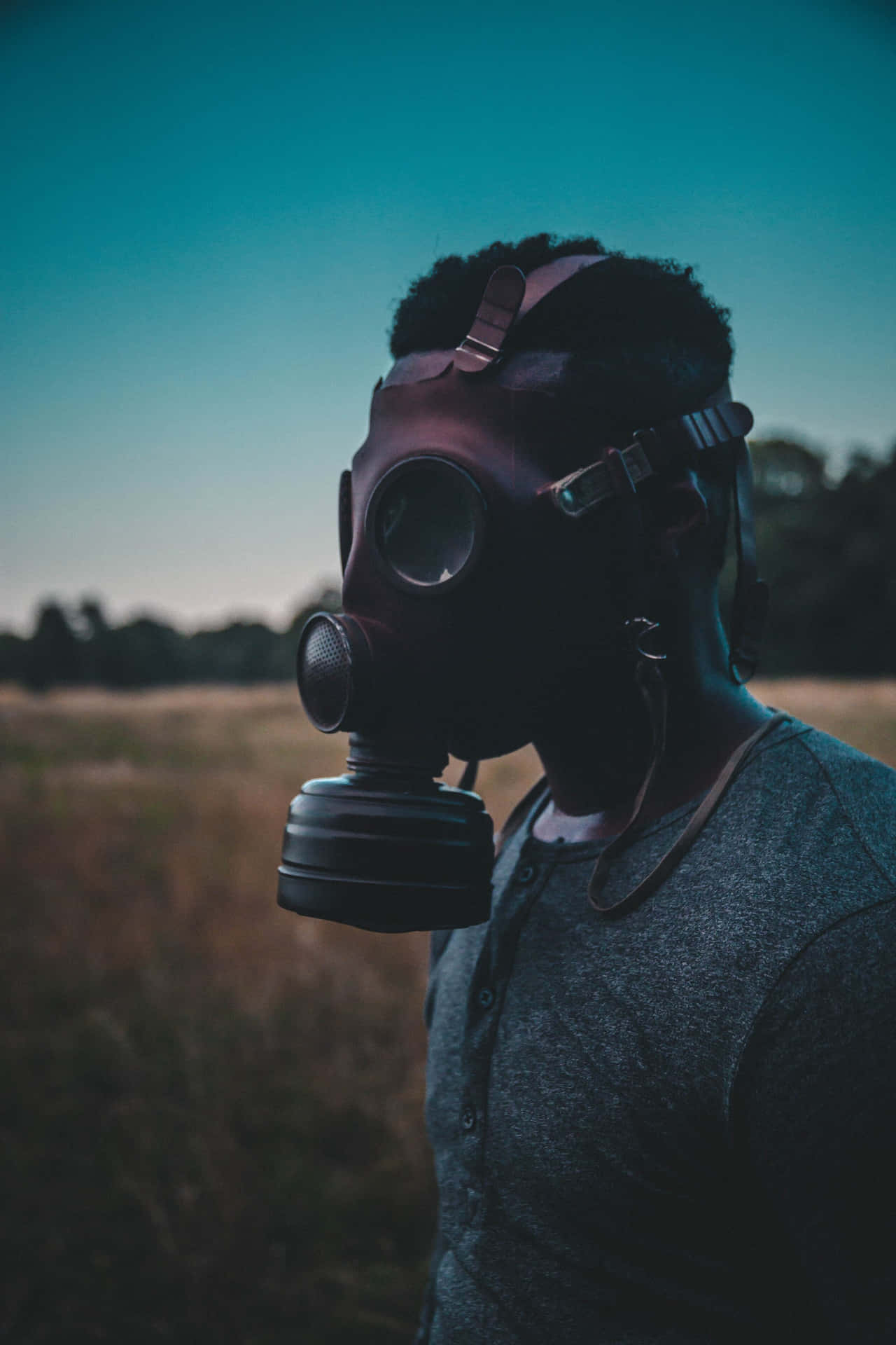 En mand iført en gasmaske i en mark af kornblomster Wallpaper