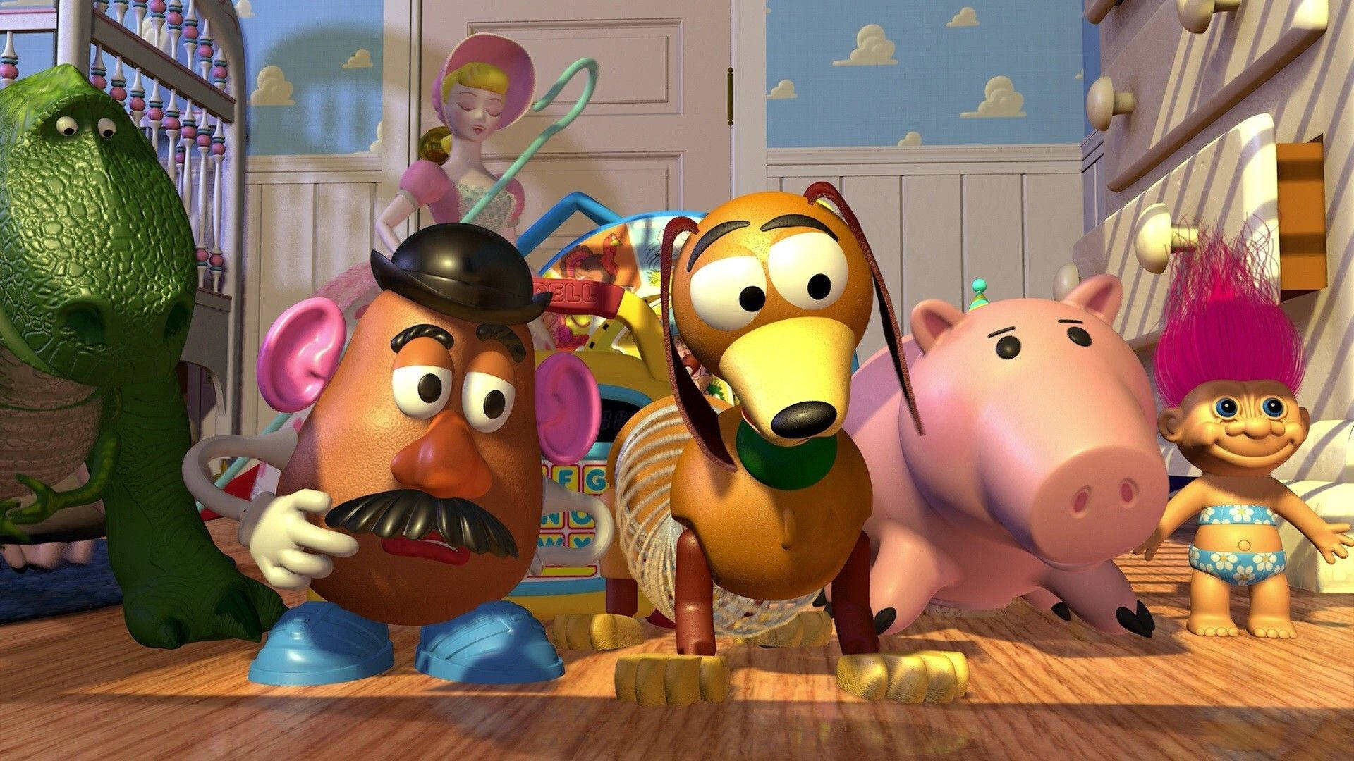 Toy Story Rex Accanto Agli Amici Sfondo