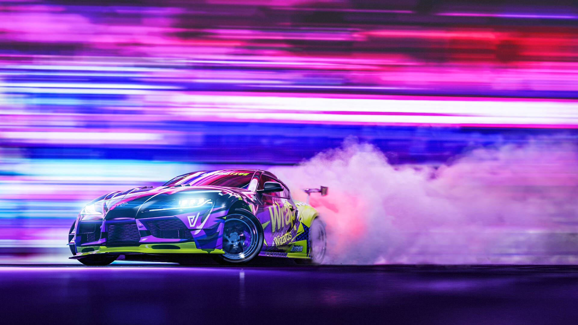 Toyota Supra Drift Car Amidst Neon Lights Wallpaper