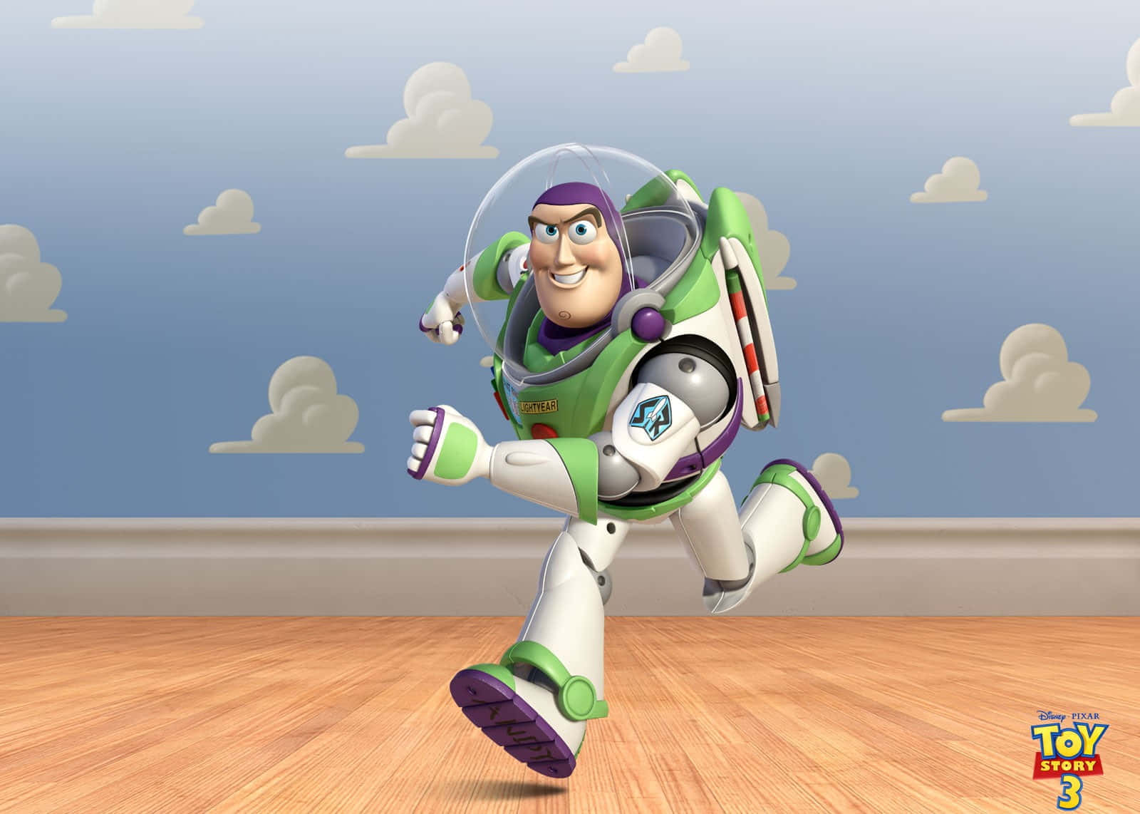 Buzz Lightyear Running On A Wooden Floor