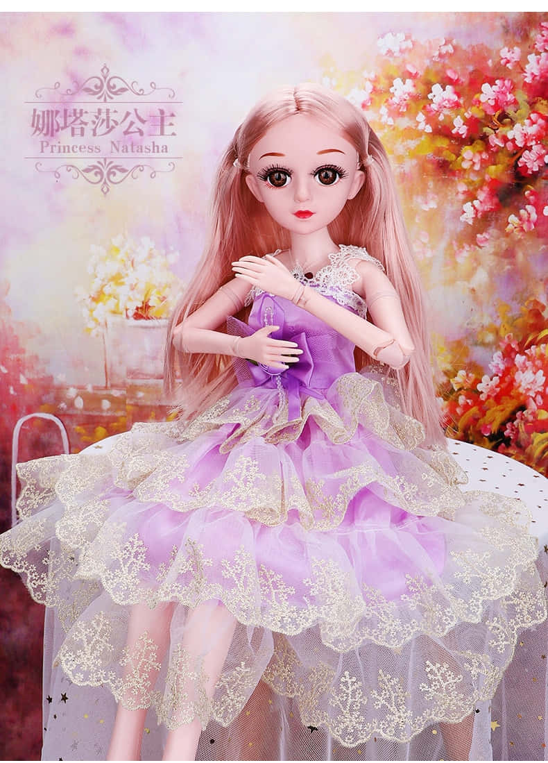 A Doll With Long Hair And A Purple Dress