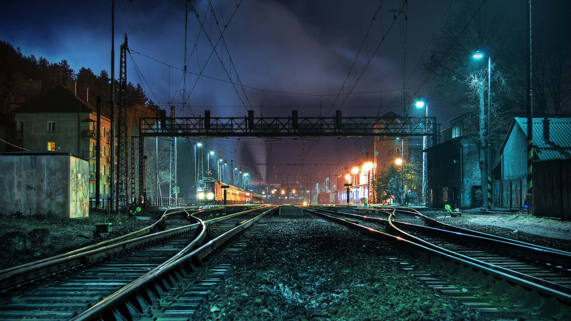 A Train Track At Night