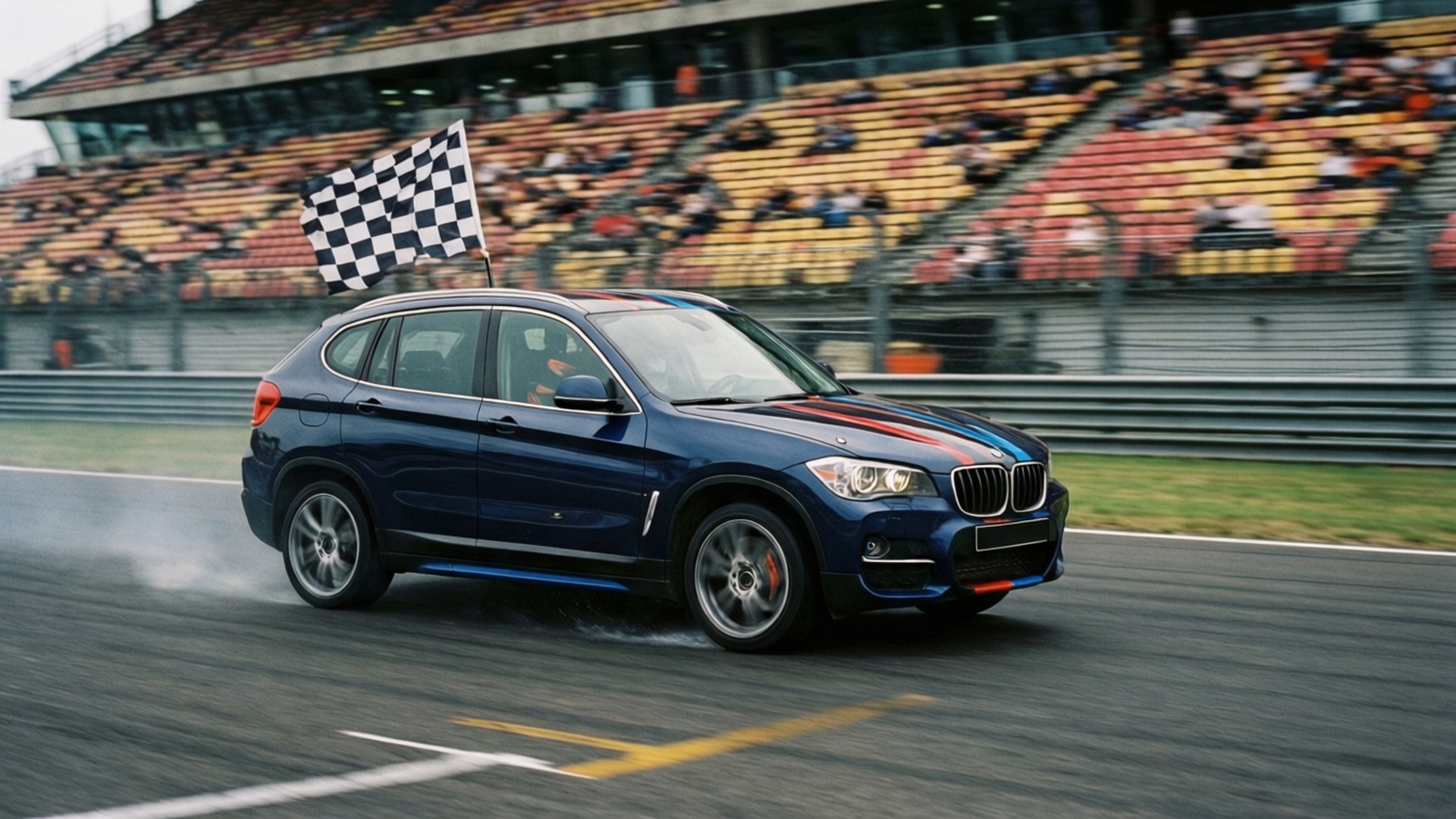 SUV BMW X3 biru tua melintasi garis finish di sirkuit balap dengan bendera kotak-kotak.