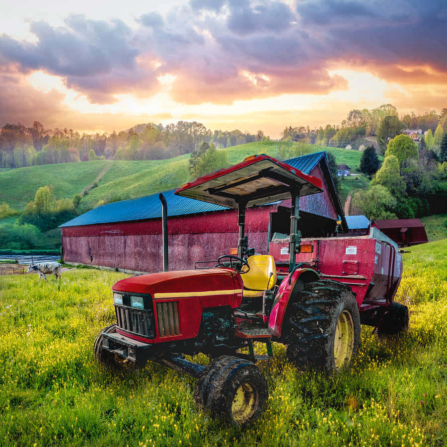 Caption: A Sturdy Red Tractor in a Lush Green Field