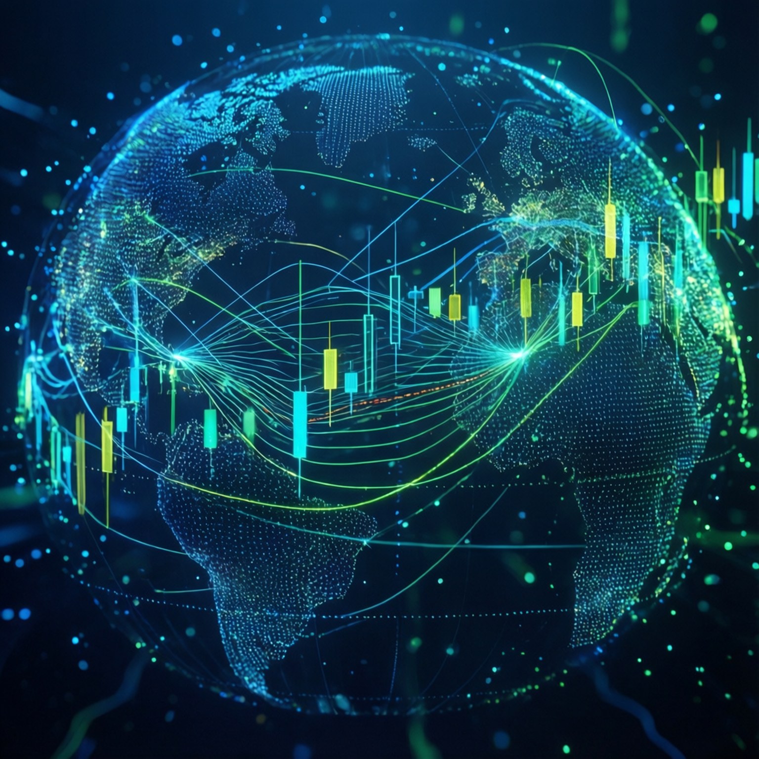 An abstract digital art piece representing global trade data flows.