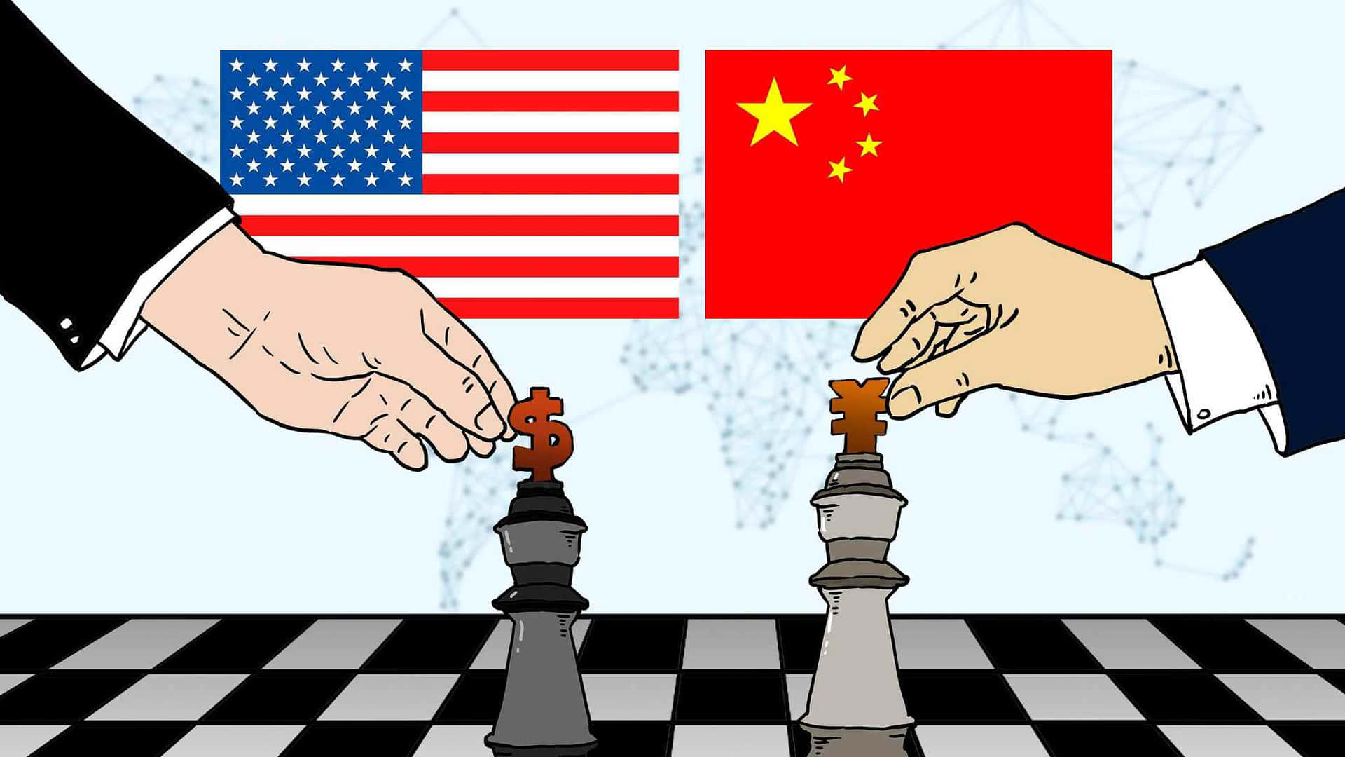 Two Men Are Shaking Hands On A Chess Board With A Chinese Flag