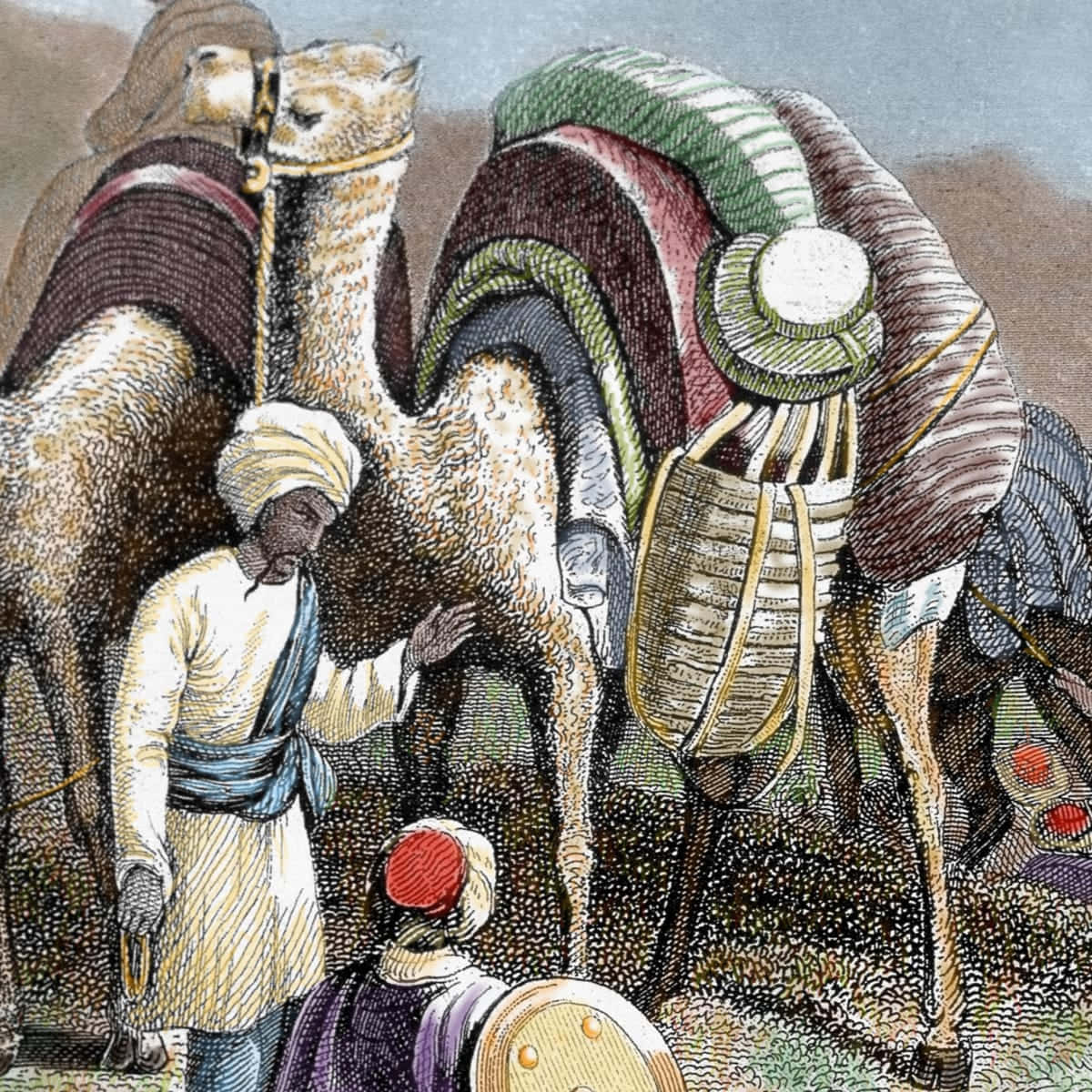 Undibujo De Hombres Con Camellos Y Tambores