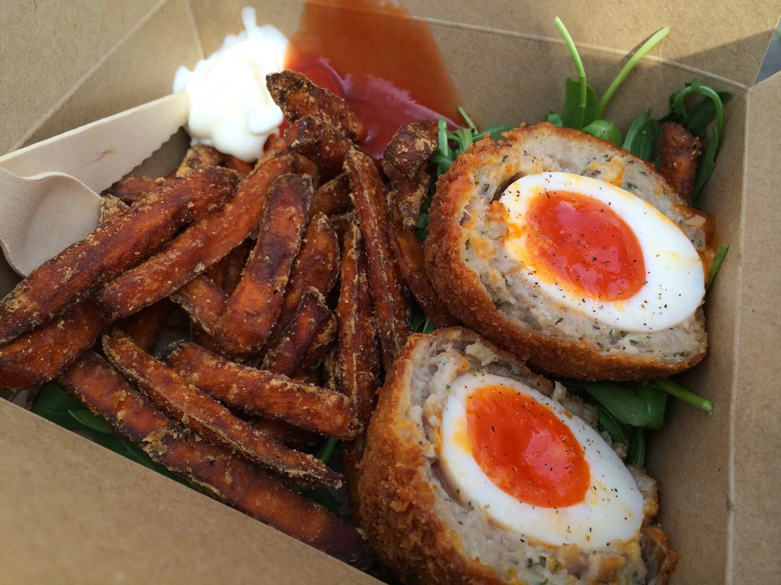 Traditional British Scotch Eggs Dish With Fried Potatoes Wallpaper