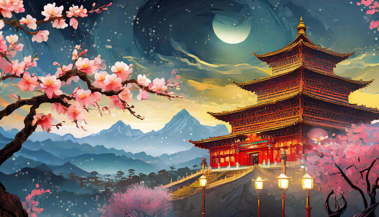 Traditional Chinese Pagoda Under Moonlight Wallpaper