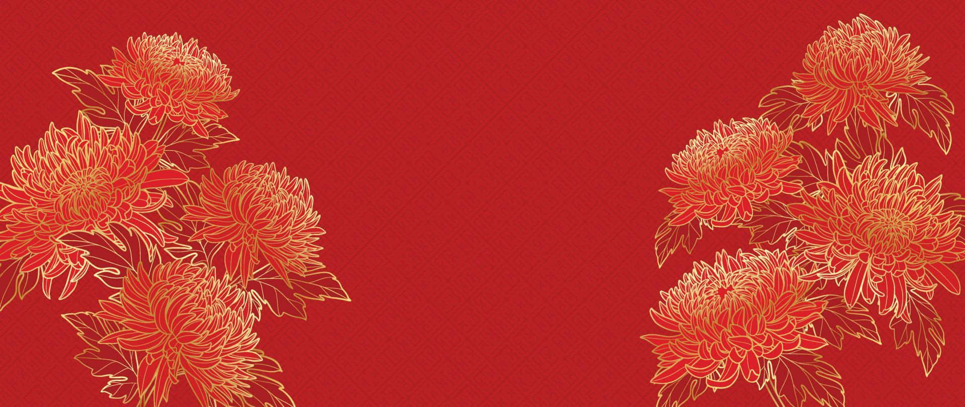 Traditional Chrysanthemum Red Background Wallpaper