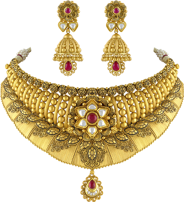 Traditional Gold Necklace Earrings Set PNG