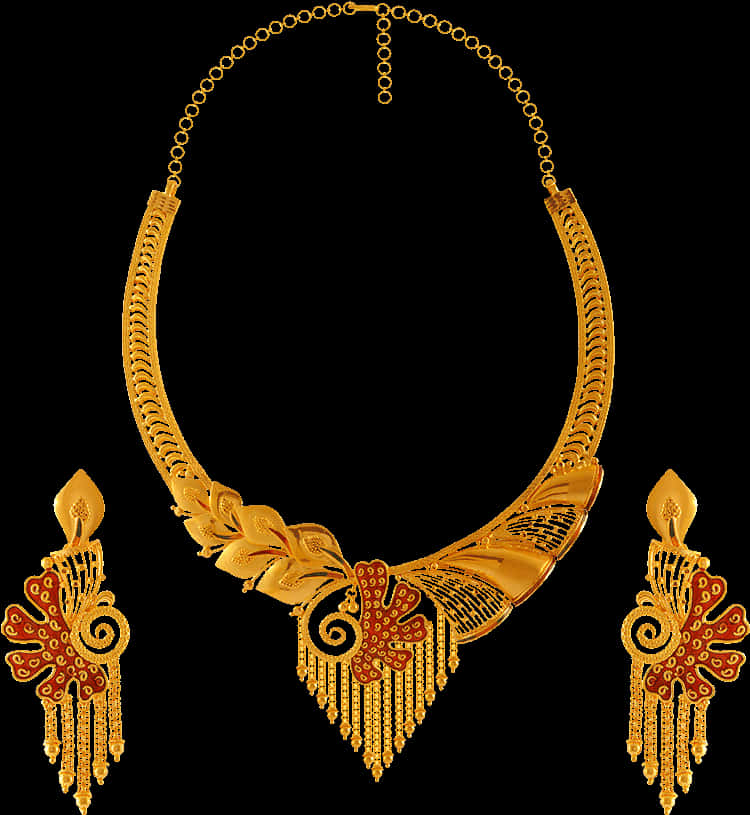 Traditional Gold Necklace Set Design PNG