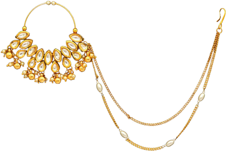 Traditional Gold Nose Ring With Chain PNG