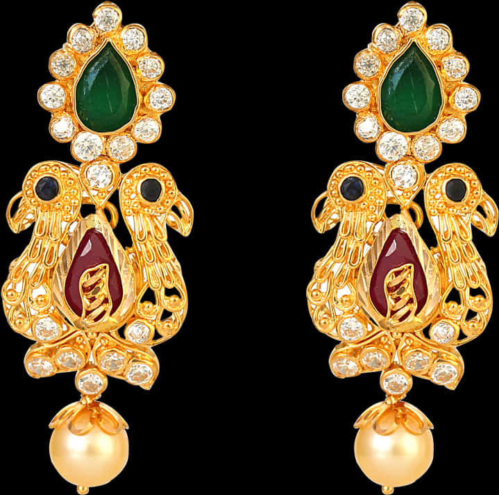 Traditional Gold Plated Peacock Earrings PNG