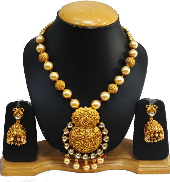 Traditional Golden Jewelry Set Display PNG