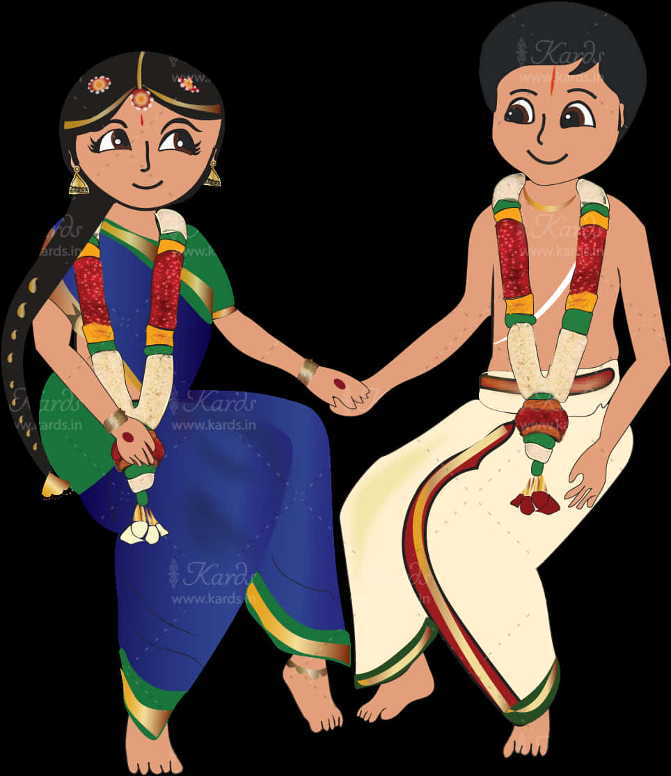 Traditional Indian Couple Cartoon Illustration PNG