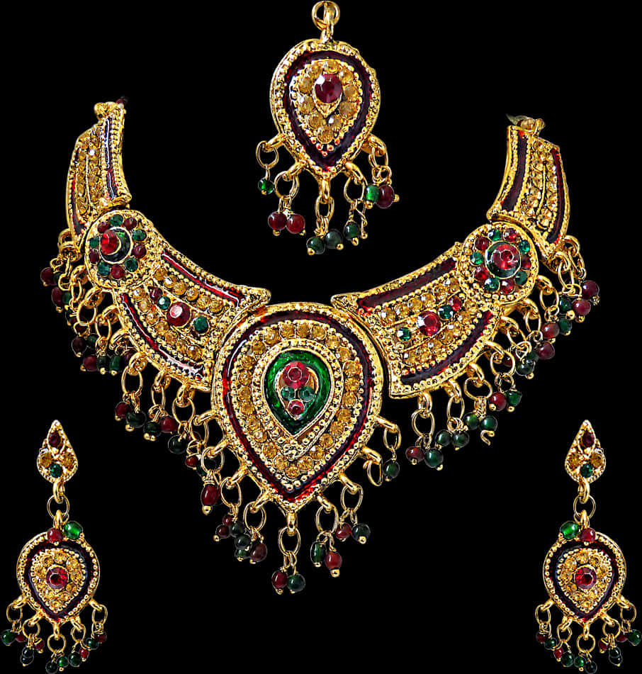 Traditional Indian Gold Necklace Earrings Set PNG