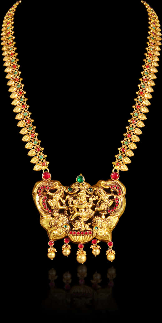 Traditional Indian Gold Necklace With Goddess Pendant PNG