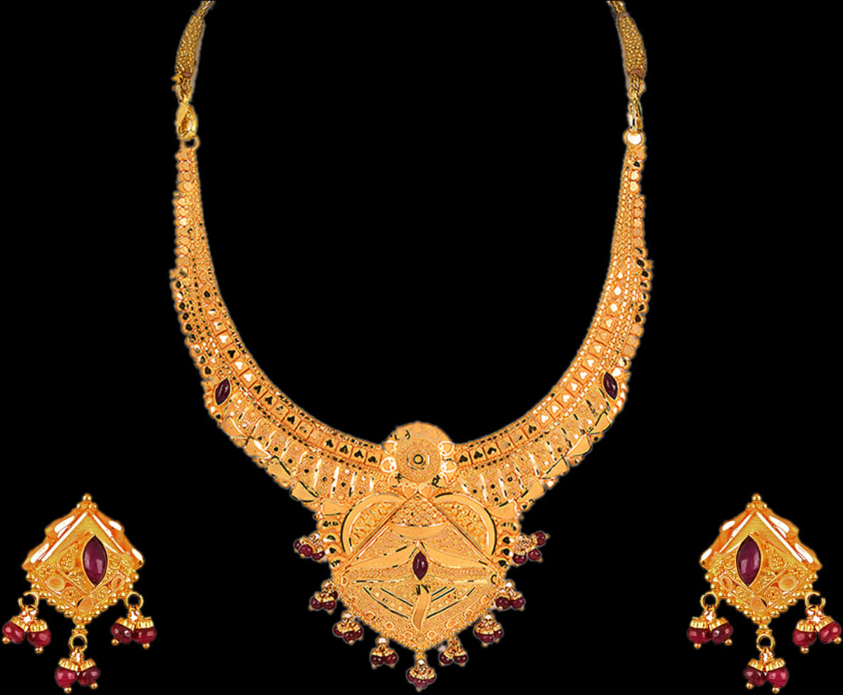 Traditional Indian Gold Necklaceand Earrings Set PNG