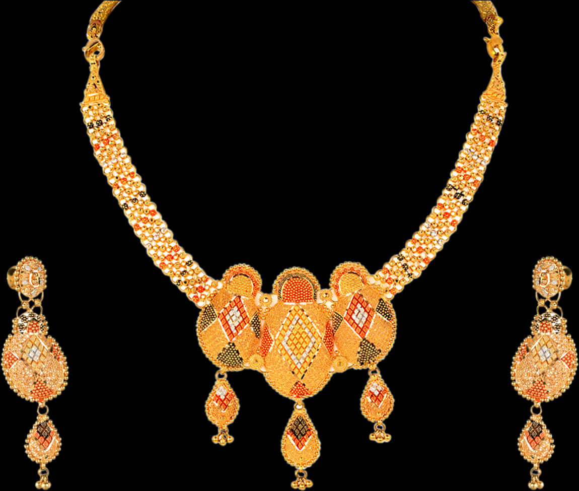 Traditional Indian Gold Necklaceand Earrings Set PNG