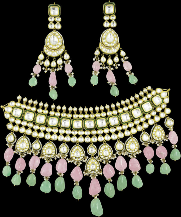 Traditional Indian Pearl Gemstone Necklace Earrings Set PNG