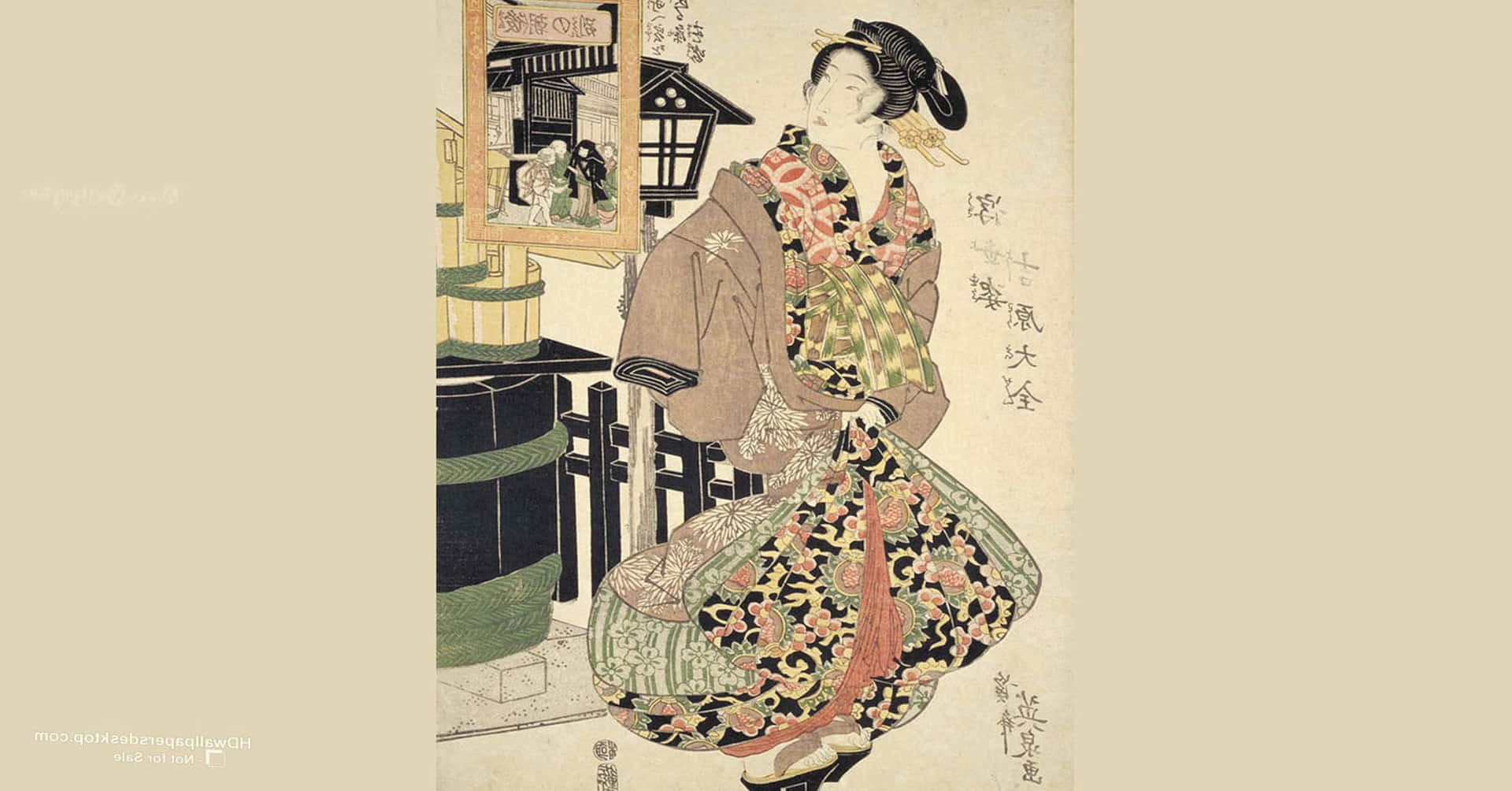 Et traditionelt japansk maleri der viser en farverig naturscene. Wallpaper