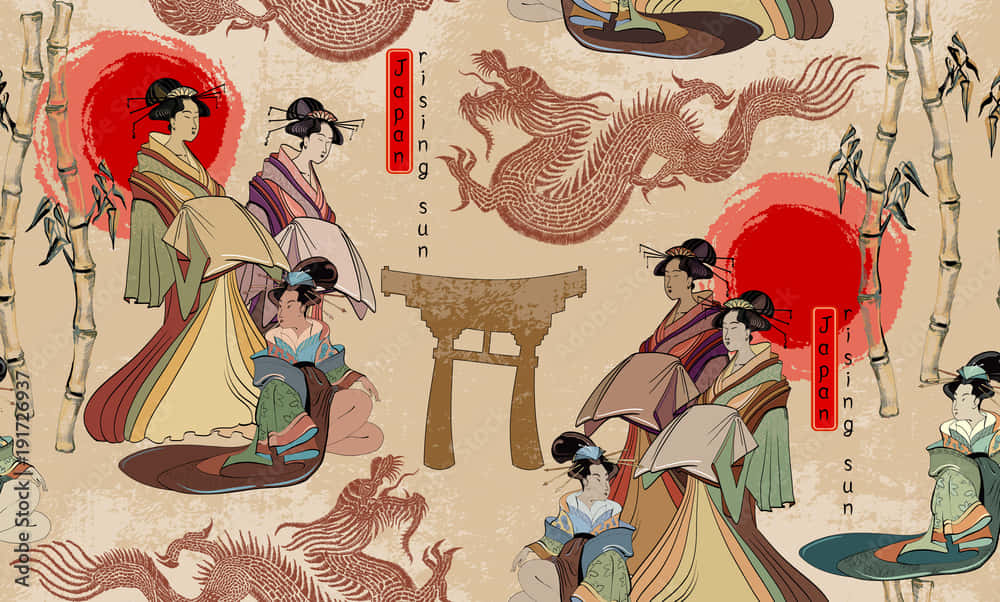 Unaccesorio Clásico Japonés Que Presenta Arte Ukiyo-e. Fondo de pantalla